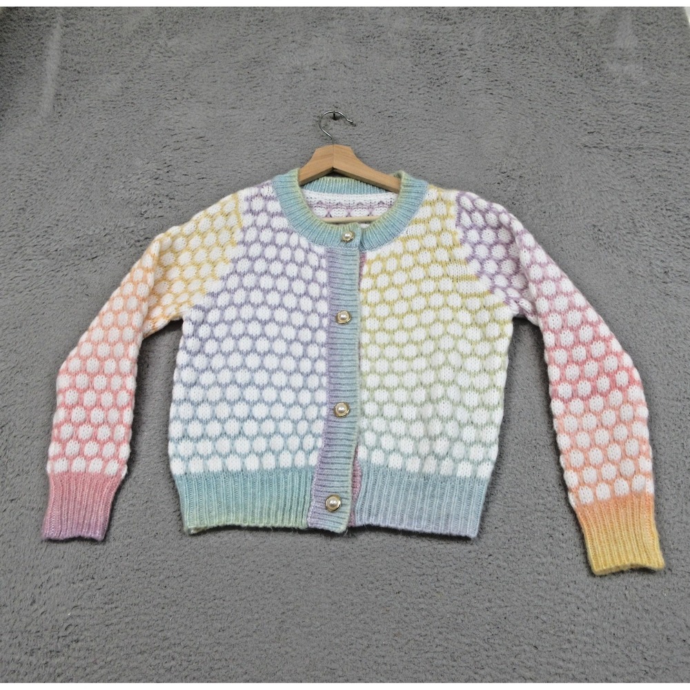 Pastel Ombre Cardigan Sweater Women XS Multicolor Fuzzy Pearl Button Cottagecore